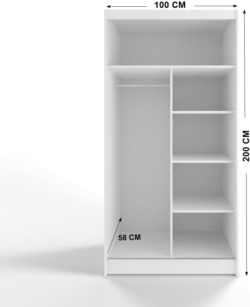 White Series 100 cm Sliding Door Wardrobe with Mirror Widths 100/120/150/180/200/250 cm Furniture for Bedroom Living Room Wardrobe with Hanging Rail