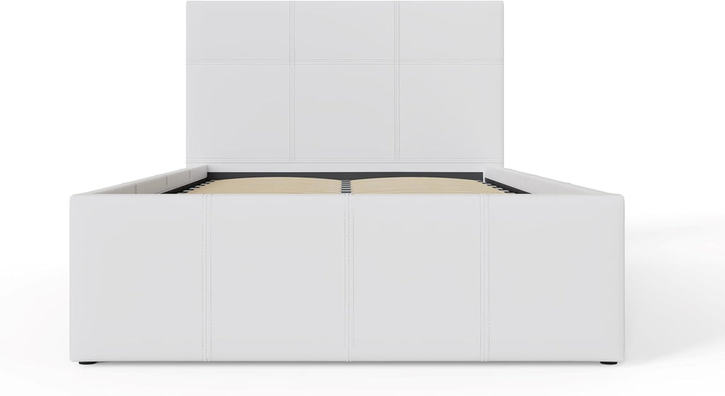 Single White Upholstered Fabric Ottoman Bed Frame