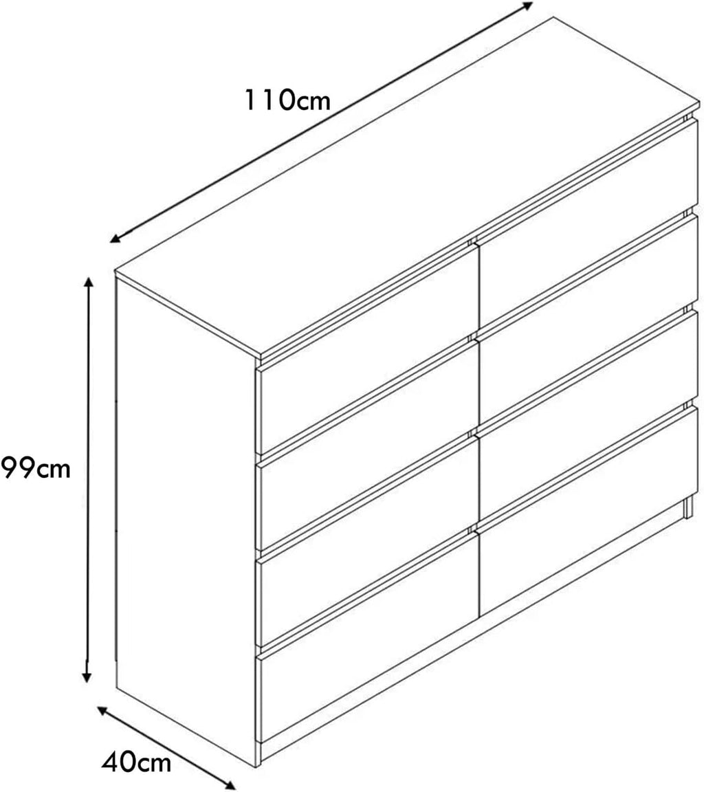 White Gloss XL 8 Drawer Chest. Modern Bedroom Furniture Chest of Drawers.Matt White with White Gloss Drawer Fronts - W110 x H99 x D40cm