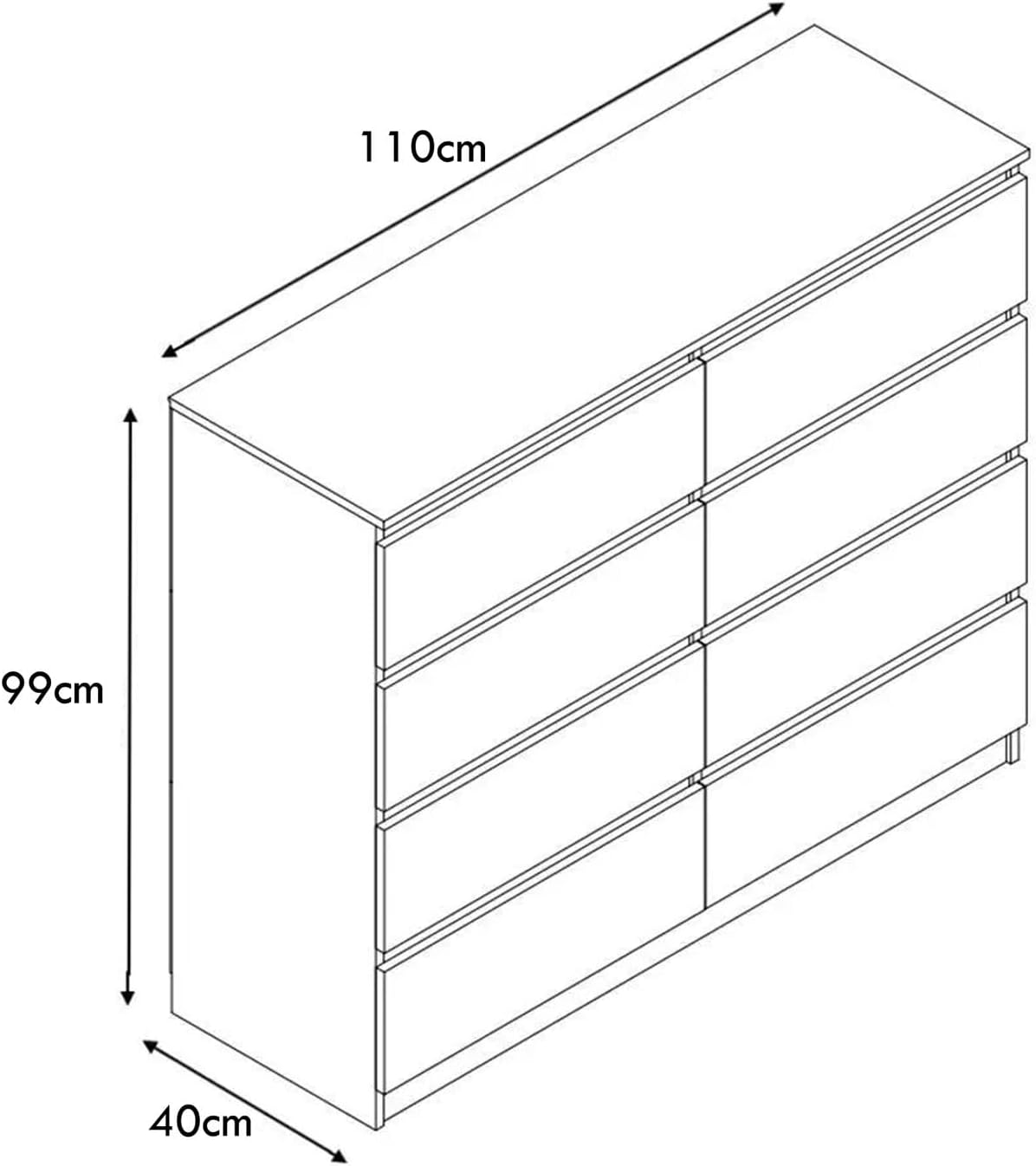 White Gloss XL 8 Drawer Chest. Modern Bedroom Furniture Chest of Drawers.Matt White with White Gloss Drawer Fronts - W110 x H99 x D40cm