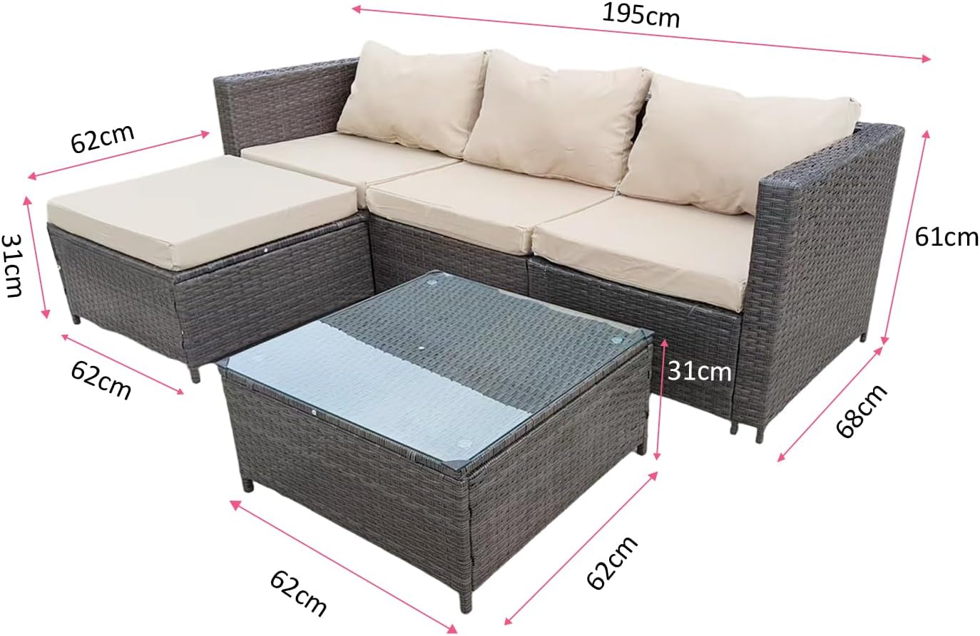 Garden Furniture Rattan Corner Sofa Set with Glass Coffee Table Ottoman for Patio Outdoor Lounge All-weather SFS066 (Mix Dark Natrual Brown+Brown Cushion)