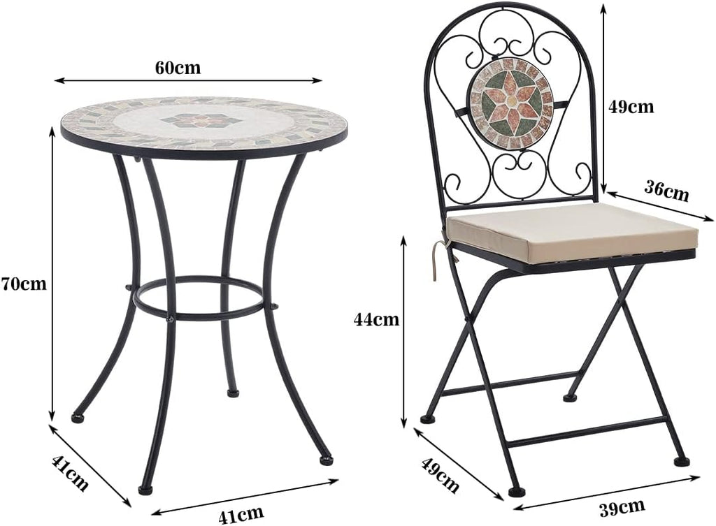 Set Mosaic Table and Chairs Garden Dining Table 2 Folding Chairs with Cushion Outdoor Coffee Table and Metal Chair Seat for Balcony