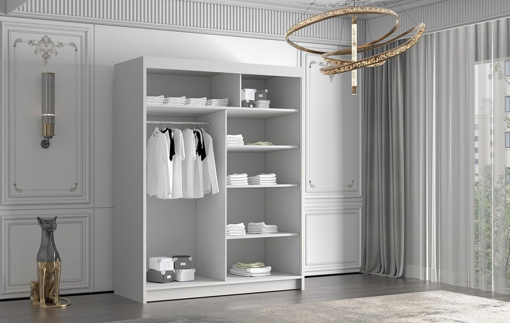 White Series 150 cm Sliding Door Wardrobe with Mirror Widths 100/120/150/180/200/250 cm Furniture for Bedroom Living Room Wardrobe with Hanging Rail