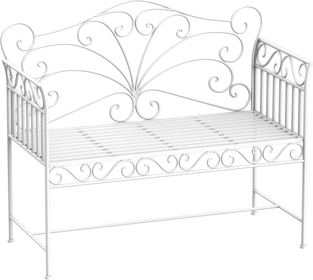 Garden 2 Seater Metal Bench Park Seating Outdoor Furniture Chair w/Decorative Backrest White