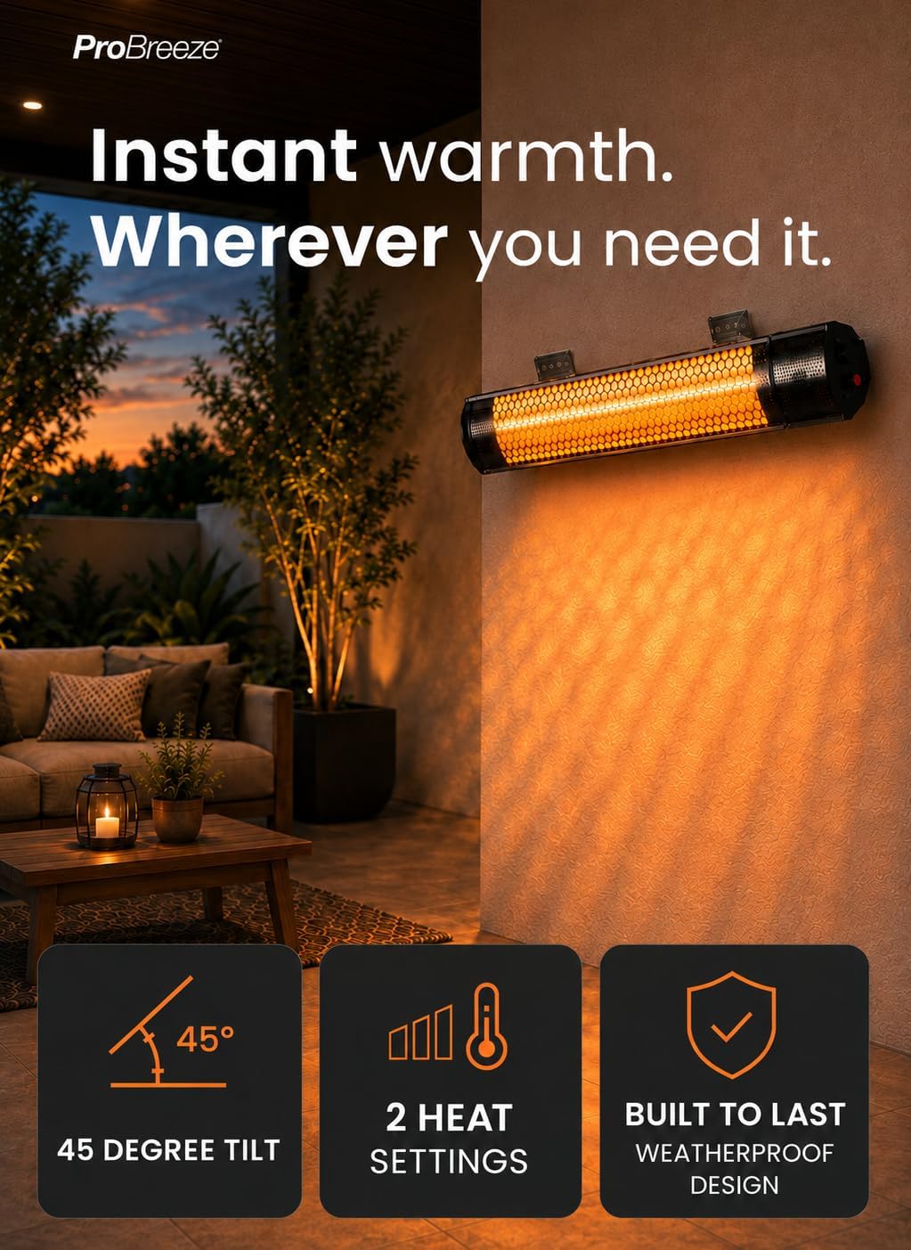 2000W - IP65 Waterproof Outdoor Halogen Infrared Patio Heater - Wall Mounted Electric Heater With Remote Control for Garden - 2 Heat Settings - Fixtures &amp; Fittings included