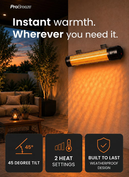 2000W - IP65 Waterproof Outdoor Halogen Infrared Patio Heater - Wall Mounted Electric Heater With Remote Control for Garden - 2 Heat Settings - Fixtures &amp; Fittings included