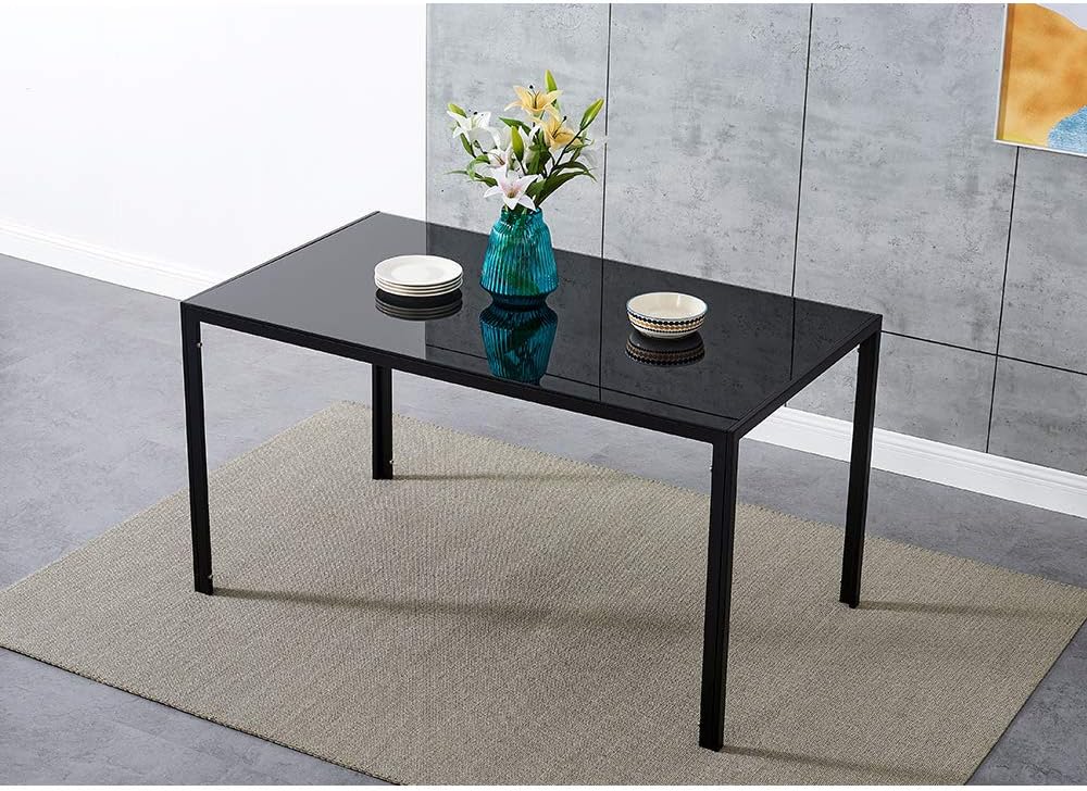 Glass Dining Table and Faux Leather Chairs Dining Room Kitchen Furniture Set (Table140cm + 6 Black Chairs)