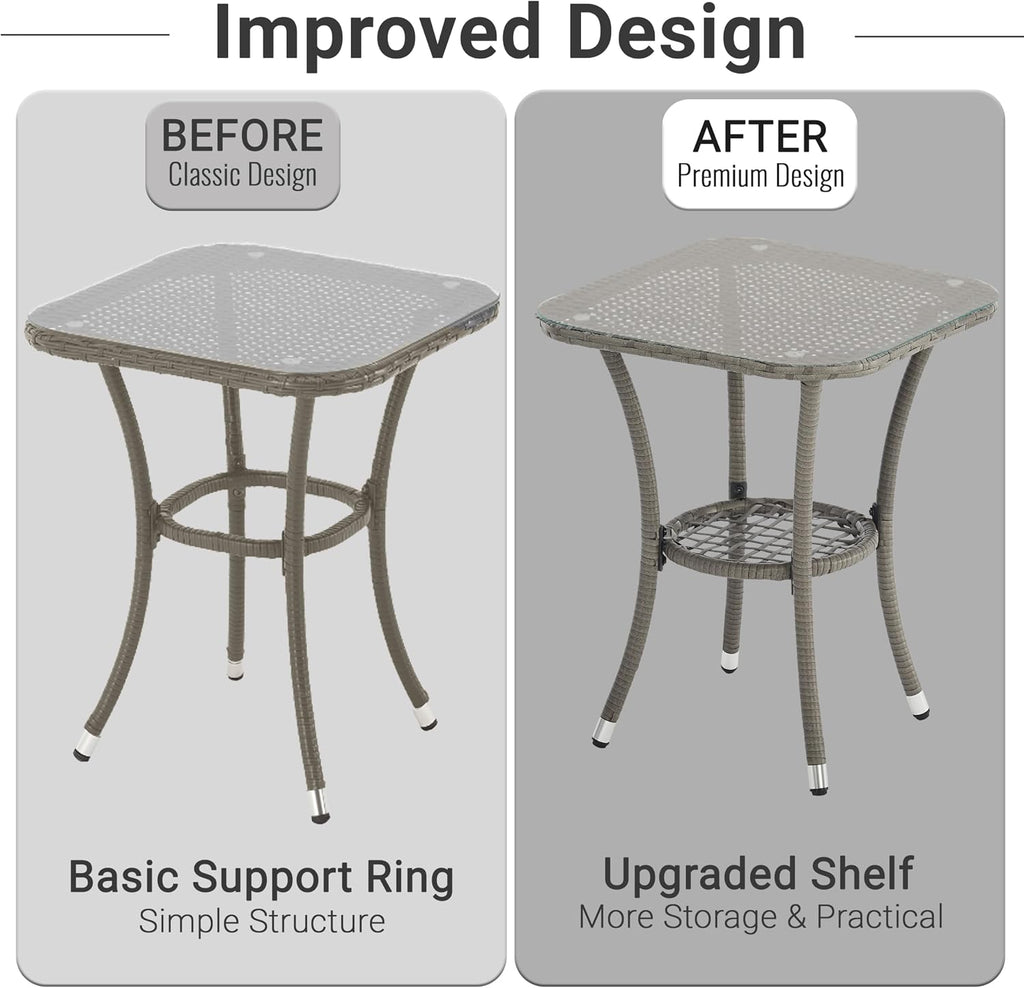 Outdoor Rattan Garden Bistro Set 3 Piece Wicker Table and Chairs Furniture with Cushions Glass Top Coffee Table for Conservatories Balcony Patio Poolside and Terrace (Grey)