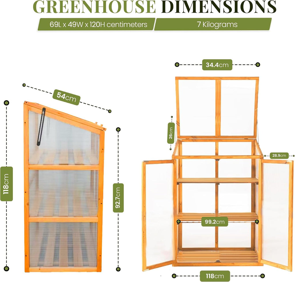 Wooden Greenhouse for Garden with Transparent Polycarbonate Panels Outdoor Green House - Wooden Cold Frame with Removeable Shelves Grow House for Plants and Herbs H120 x W69 x D49 cm