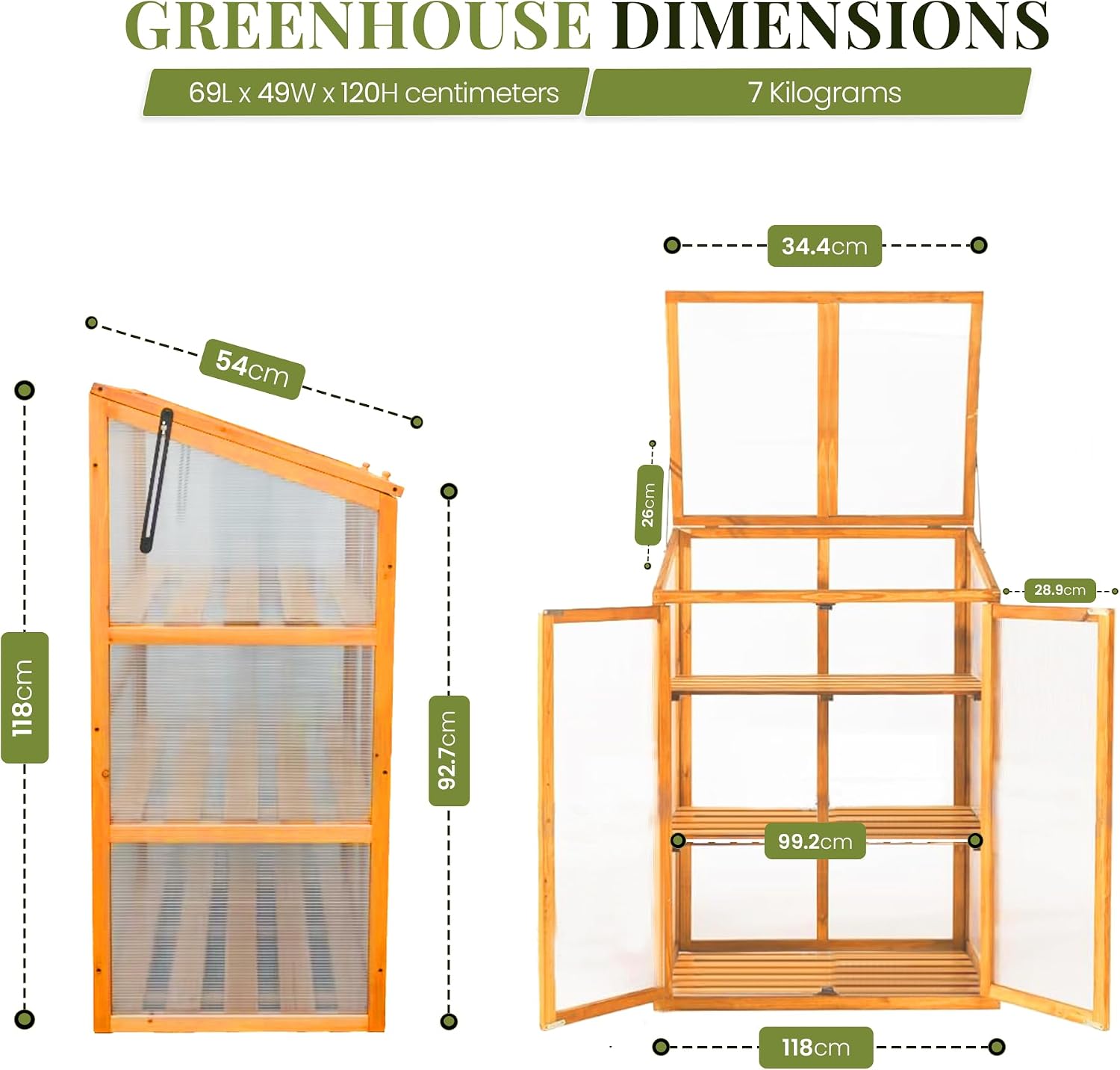 Wooden Greenhouse for Garden with Transparent Polycarbonate Panels Outdoor Green House - Wooden Cold Frame with Removeable Shelves Grow House for Plants and Herbs H120 x W69 x D49 cm