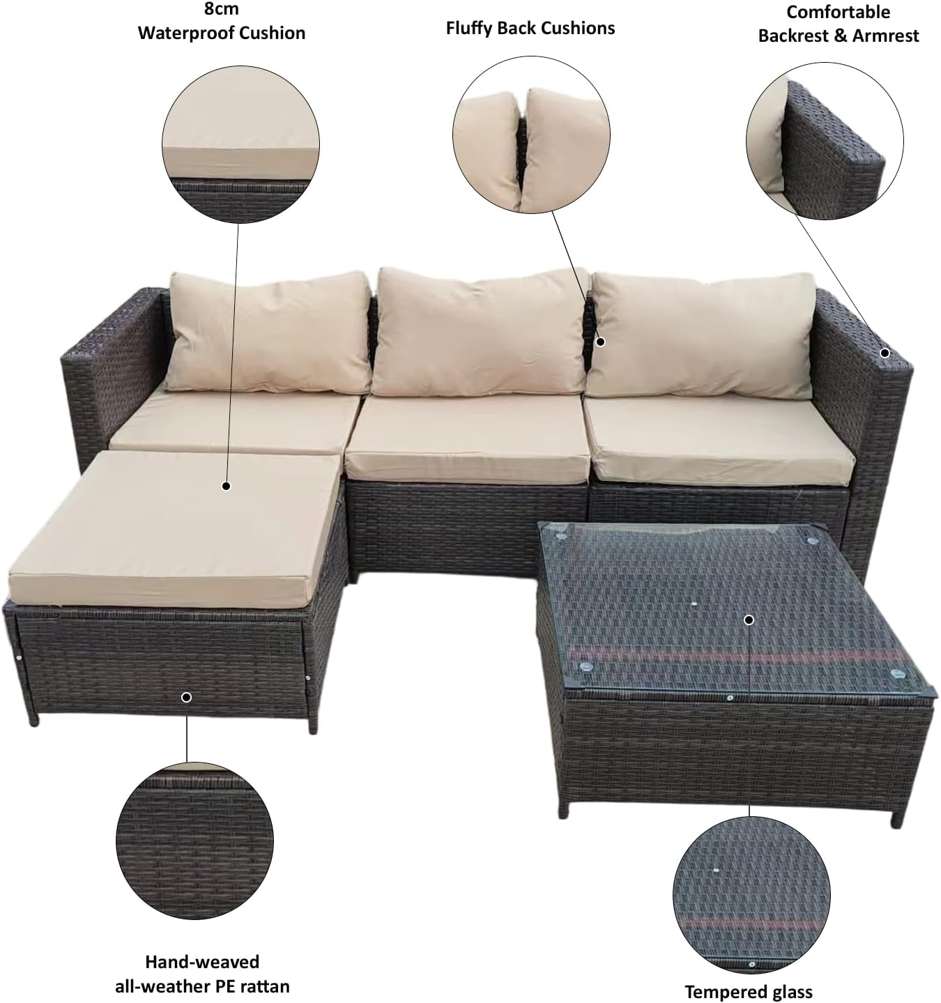 Garden Furniture Rattan Corner Sofa Set with Glass Coffee Table Ottoman for Patio Outdoor Lounge All-weather SFS066 (Mix Dark Natrual Brown+Brown Cushion)