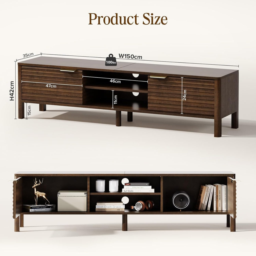 Wooden TV Stand Cabinet - 150cm Long TV Unit With Storage And Adjustable Shelves