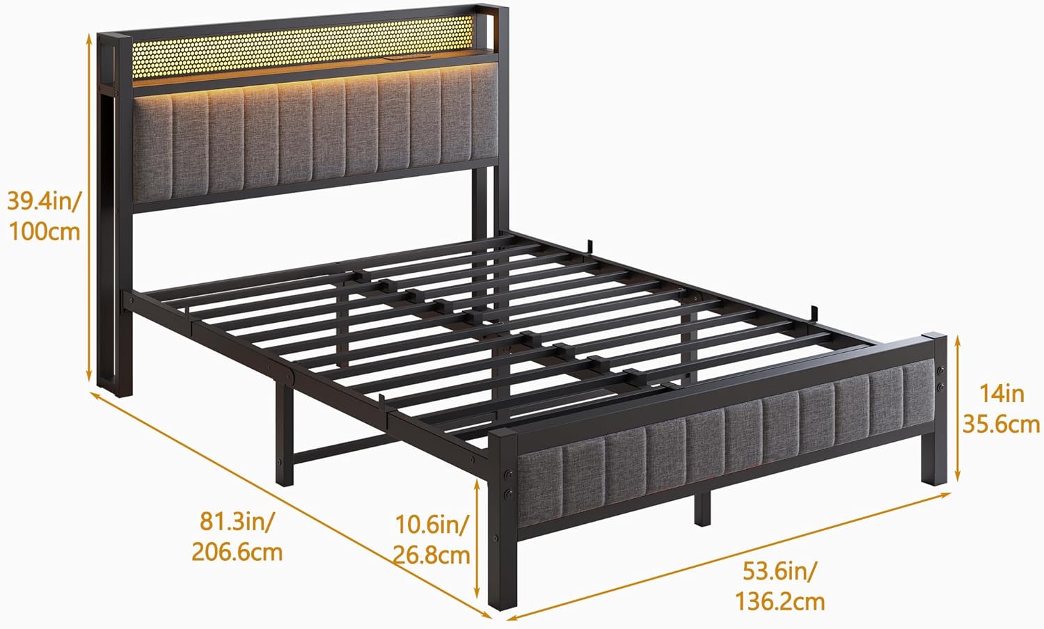 Double Bed Frame with Wooden Storage Headboard,Charging Station,LED Lights,Metal Platform Upholstered Bed Frame Double Bed with Strong Metal Slats No Box Spring Needed,Under Bed Storage,Grey