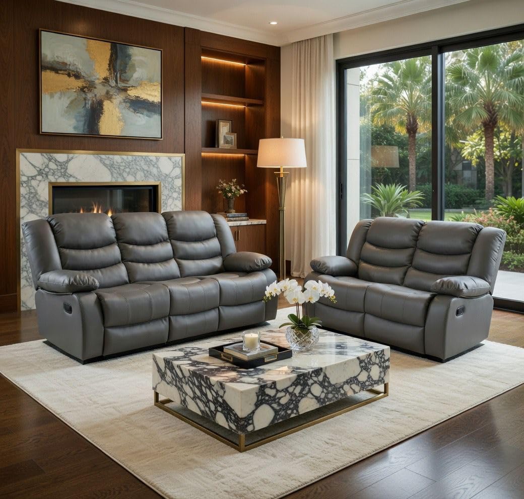 Leather Recliner Sofa with Cupholders - 3+2 Seater Sofa - Grey (Full set 3+2)