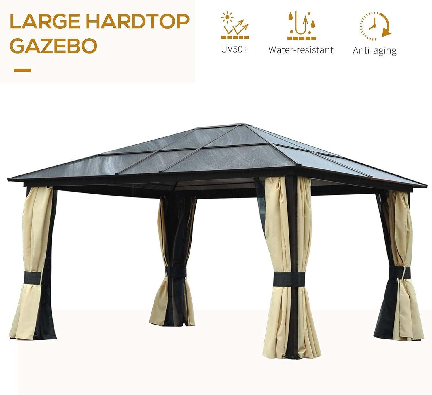 3.6 x 4m Hardtop Gazebo Canopy with Polycarbonate Roof and Aluminium Frame