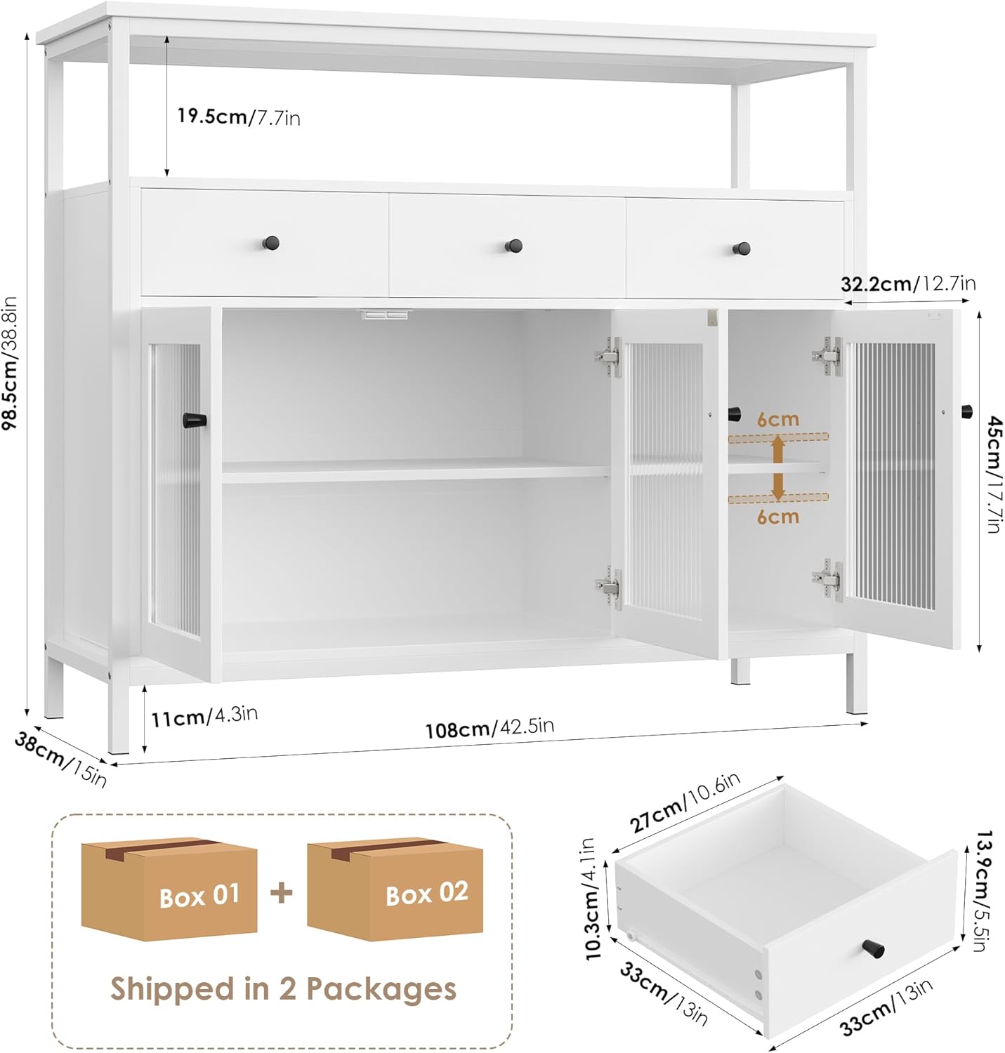 White Sideboard Storage Cabinet Kitchen Sideboard Buffet Cabinet with 3 Glass Doors 3 Drawers and Adjustable Shelves for Living Room Dining Room