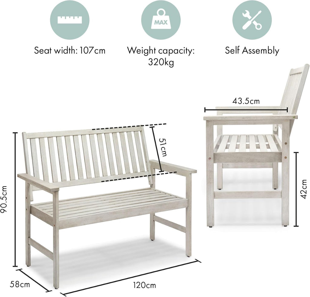 Grey Garden Bench 2 Seater - Acacia Hardwood Outdoor Bench with Armrests &amp; Teak Oil Coating - Wooden Garden Seating for 2 People for Patio &amp; Terrace - Weather Resistant - Murcia
