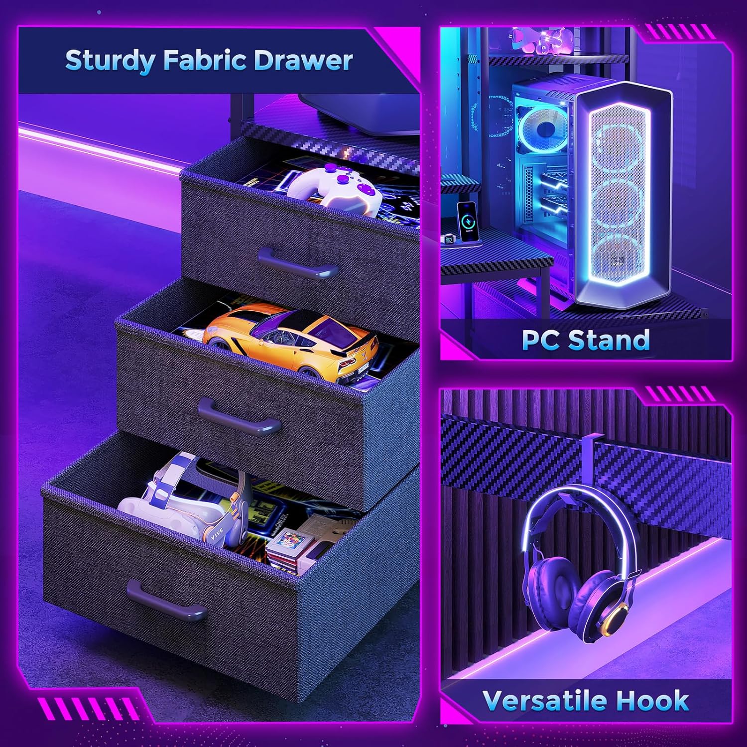 Gaming Desk with Drawers &amp; Display Shelves