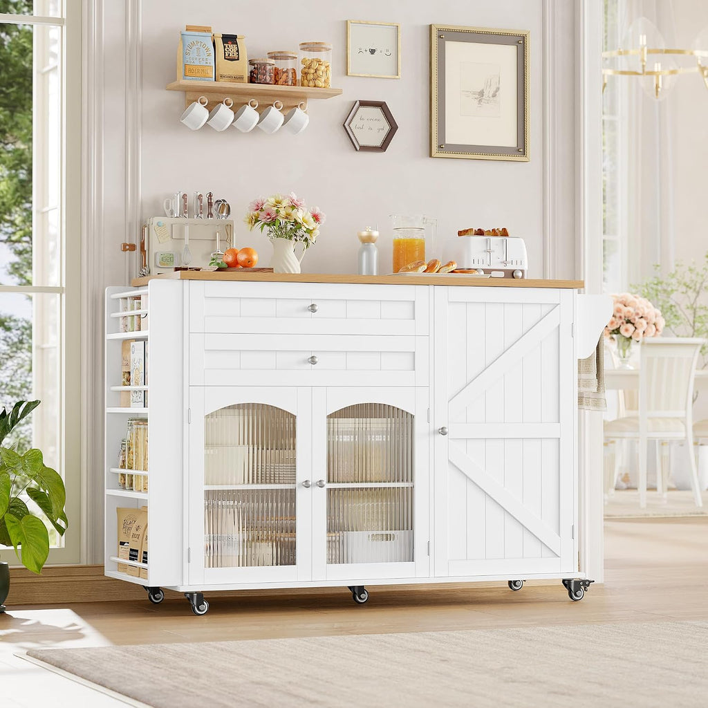 Kitchen Island Kitchen Storage Trolley on Wheels Mobile Storage Island with Foldable Worktop Spice Rack Towel Bar Rolling Sideboard Storage Cabinet Dining Room 132x40x97.5cm White