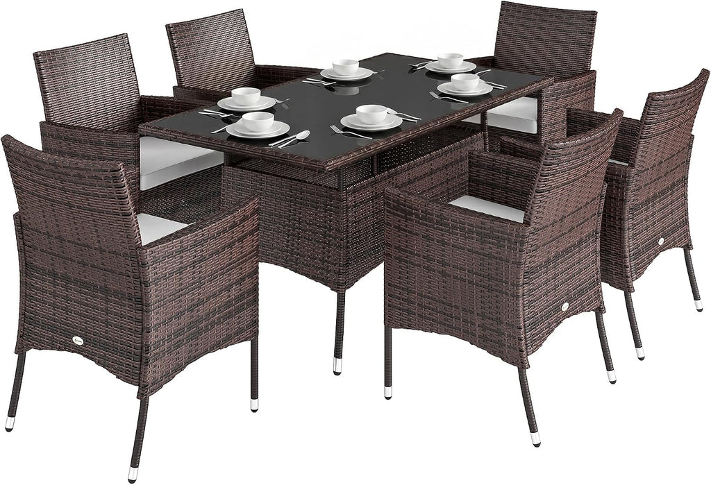 Rattan Garden Furniture Dining Set 6-seater Patio Rectangular Table Cube Chairs Outdoor Fire Retardant Sponge Brown