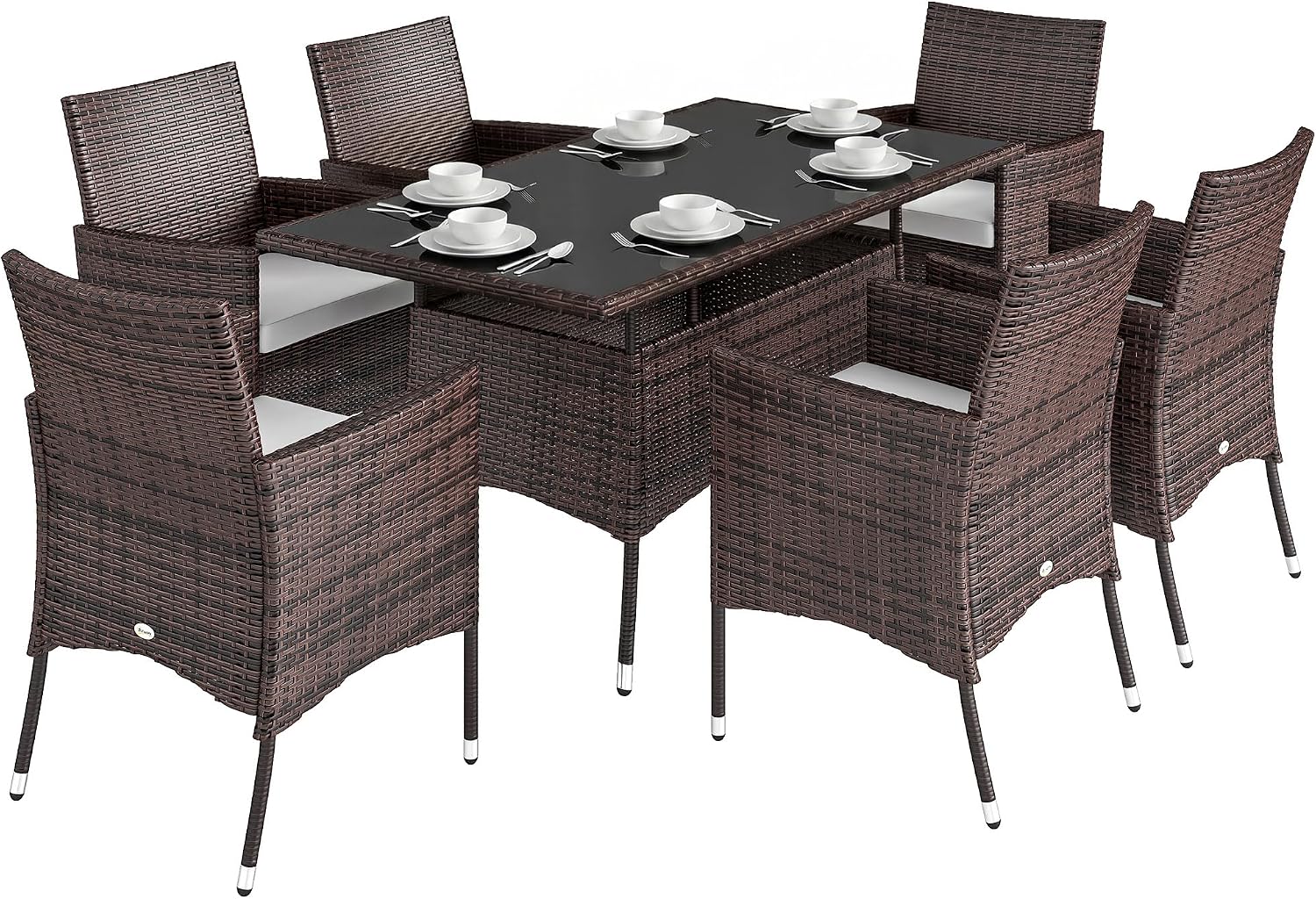 Rattan Garden Furniture Dining Set 6-seater Patio Rectangular Table Cube Chairs Outdoor Fire Retardant Sponge Brown