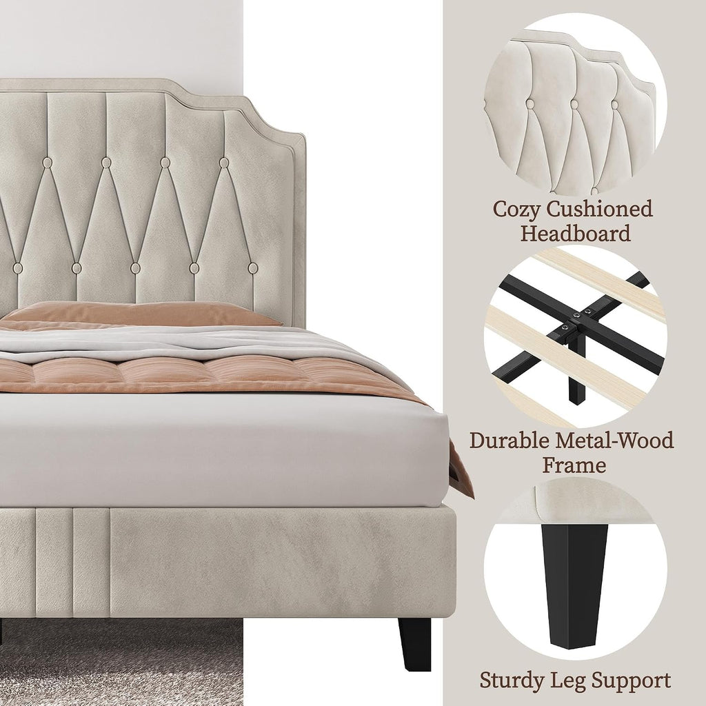 5ft King Bed Frame Upholstered Platform Bed with Adjustable Button Tufted Headboard/Velvet Fabric/Sturdy Wooden Slat Support/No Box Spring Needed