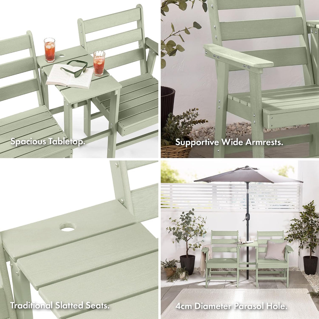 Seat for Garden - 2 Seater Sage Green Jack &amp; Jill Loveseat Patio Set - 2 Person HDPE Companion Set with Built-in Parasol Hole for Terrace