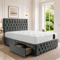 Double Bed 4FT6 with Headboard &amp; Footboard - Dmask Grey Plush Finish - Includes Pocket Sprung Multi-Zone Mattress &amp; 2 Drawers - Sturdy Divan Design for Compact Bedrooms