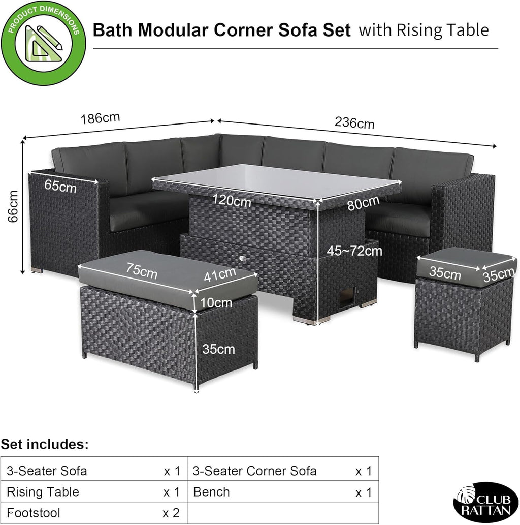 Rattan Rattan Corner Sofa Set Rattan Garden Furniture Set Patio Corner Sofa Set with Rising Table and Washable Cushions (black