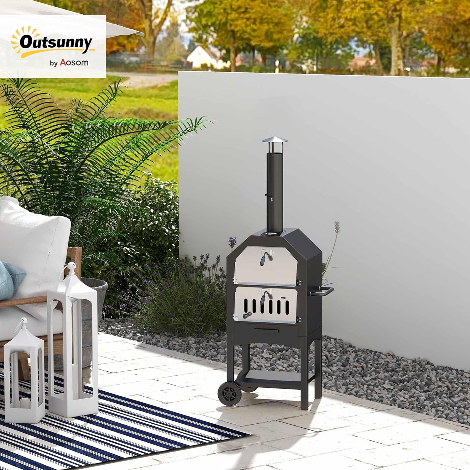 Outdoor Garden Pizza Oven Charcoal BBQ Grill 3-Tier Freestanding w/Chimney