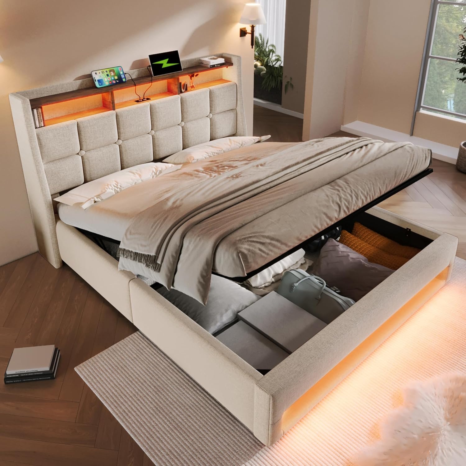 4ft6 Double Bed Frame with Hydraulic Lift&amp;LED Storage Headboard