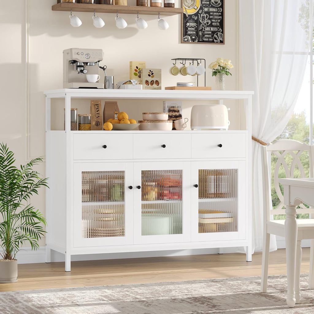 White Sideboard Storage Cabinet Kitchen Sideboard Buffet Cabinet with 3 Glass Doors 3 Drawers and Adjustable Shelves for Living Room Dining Room