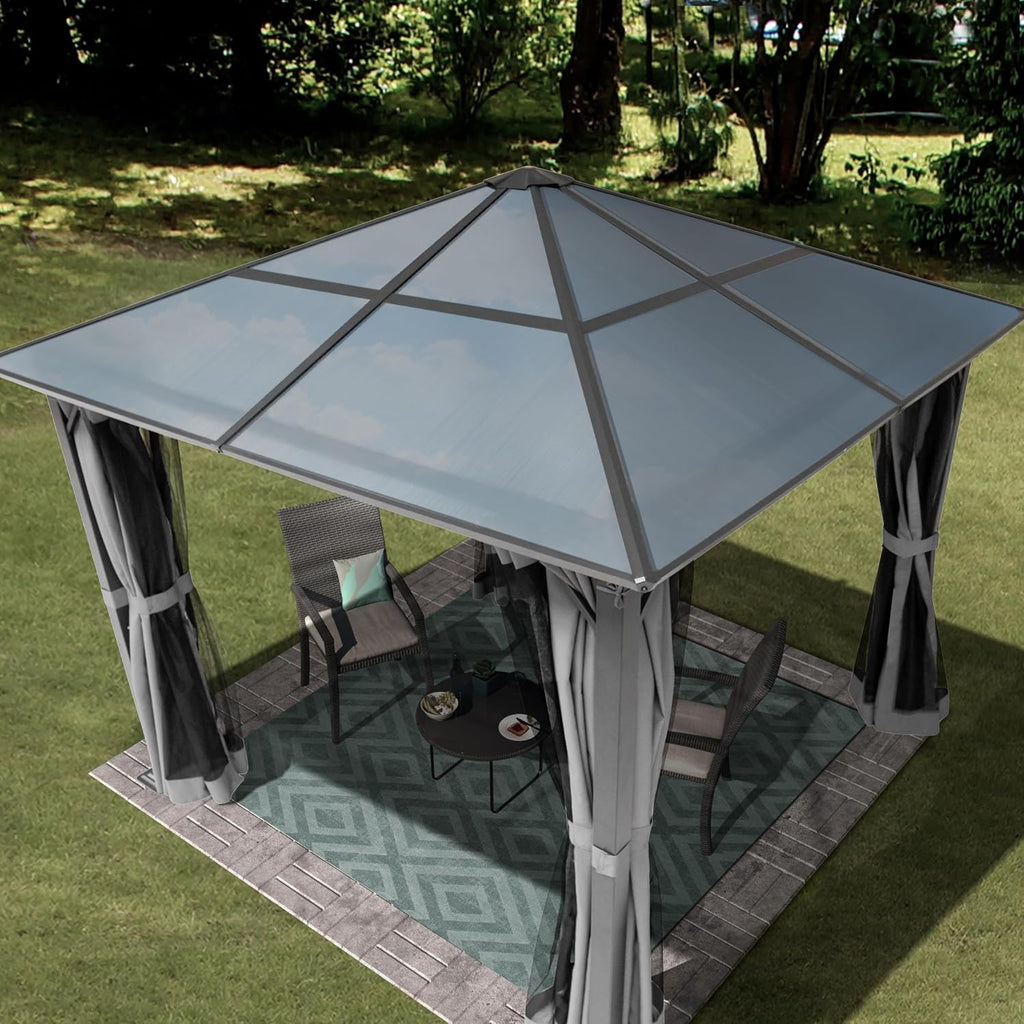 Garden gazebo 3x3 m polycarbonate roof approx. 6 mm - hardtop pavilion with 4 sides &amp; mosquito nets in grey