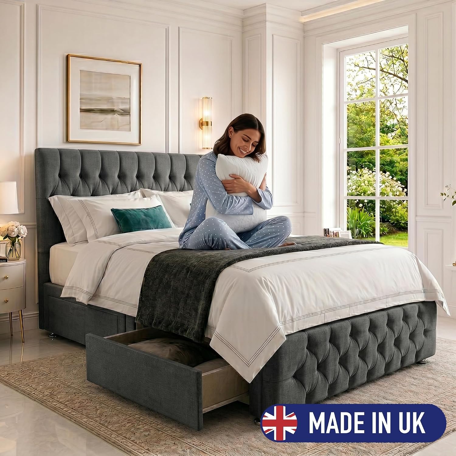 Double Bed 4FT6 with Headboard &amp; Footboard - Dmask Grey Plush Finish - Includes Pocket Sprung Multi-Zone Mattress &amp; 2 Drawers - Sturdy Divan Design for Compact Bedrooms