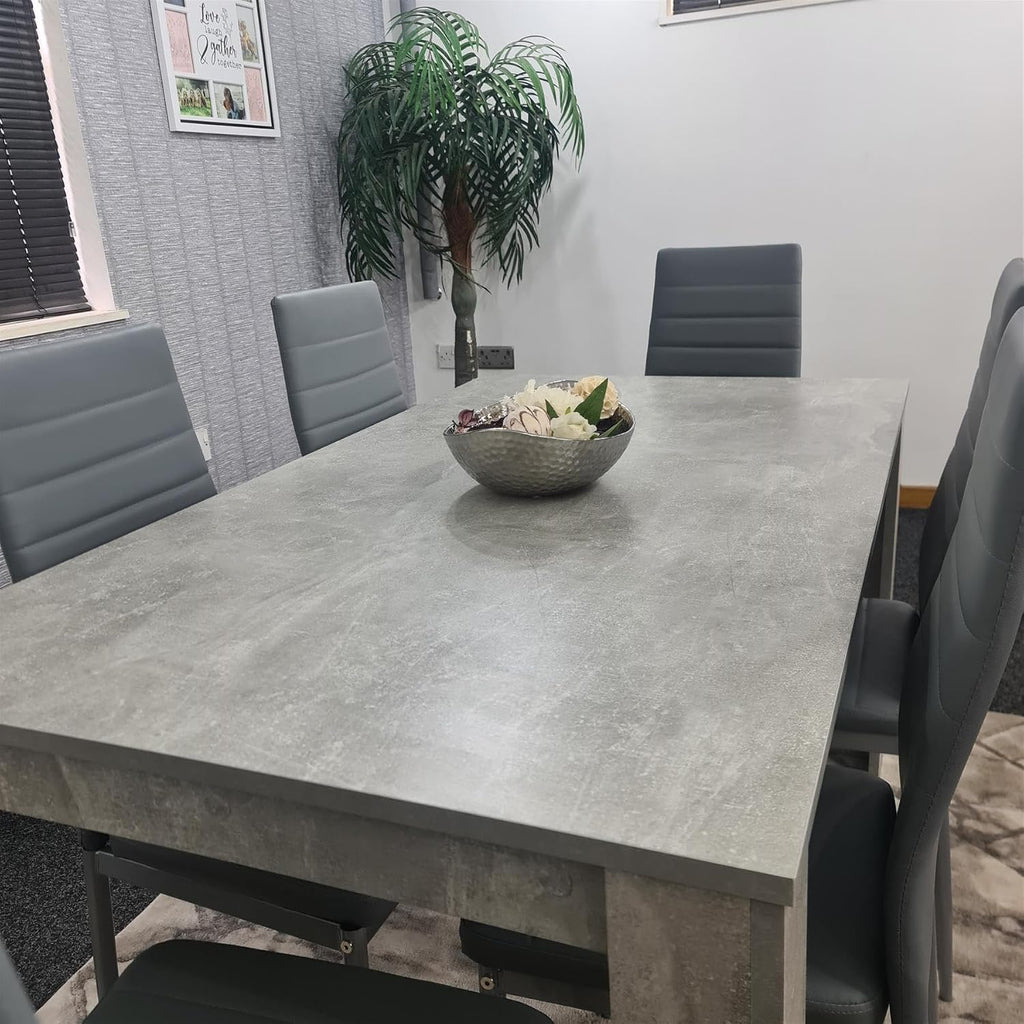 Dining Table and Chairs Set - Light Grey Kitchen Table with 6 Grey Faux Leather Dining Chairs - Modern 6 Seater Kitchen Room Furniture Set with Sturdy Legs - 117 x 77 x 75 cm