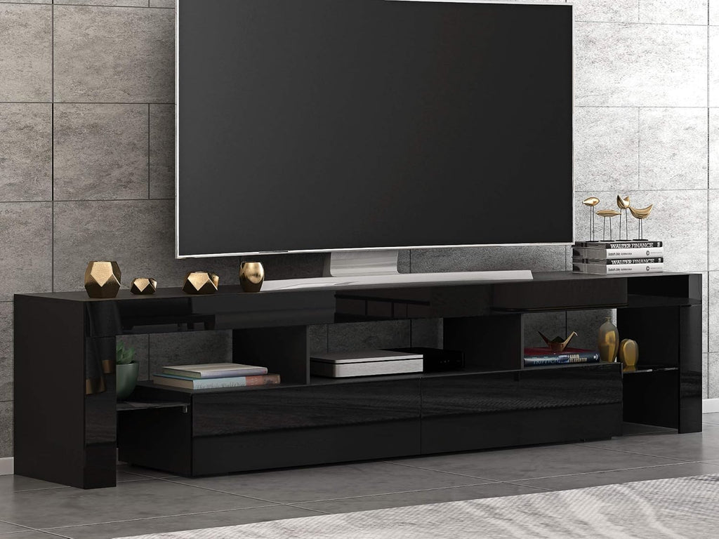 Modern White 200CM TV Unit Stand for 65 to 85 inch TV With RGB LED Lights High Gloss Door TV Stand Living Room Furniture TV Cabinet (Black)