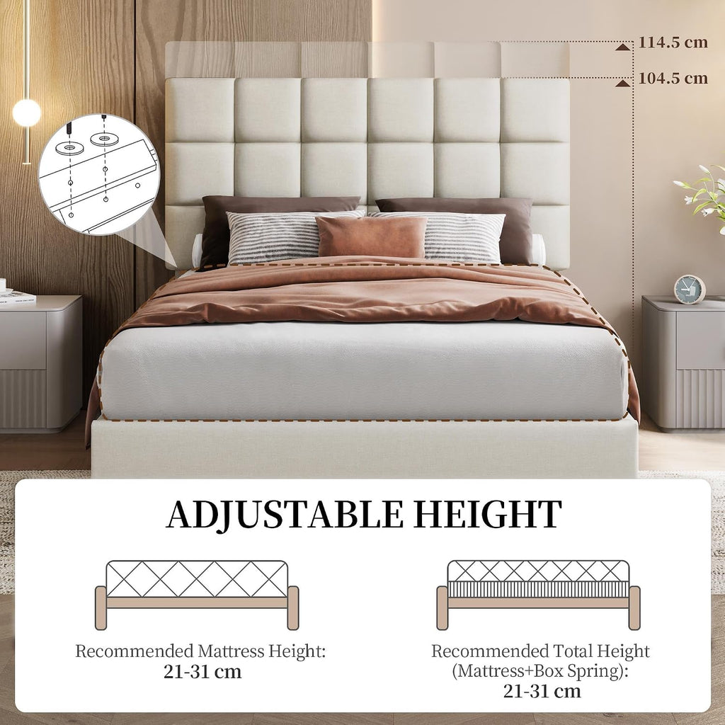 Double Bed Frame Upholstered Platform Bed with Adjustable Square Tufted Headboard/Linen Fabric/Sturdy Wooden Slat Support/No Box Spring Needed