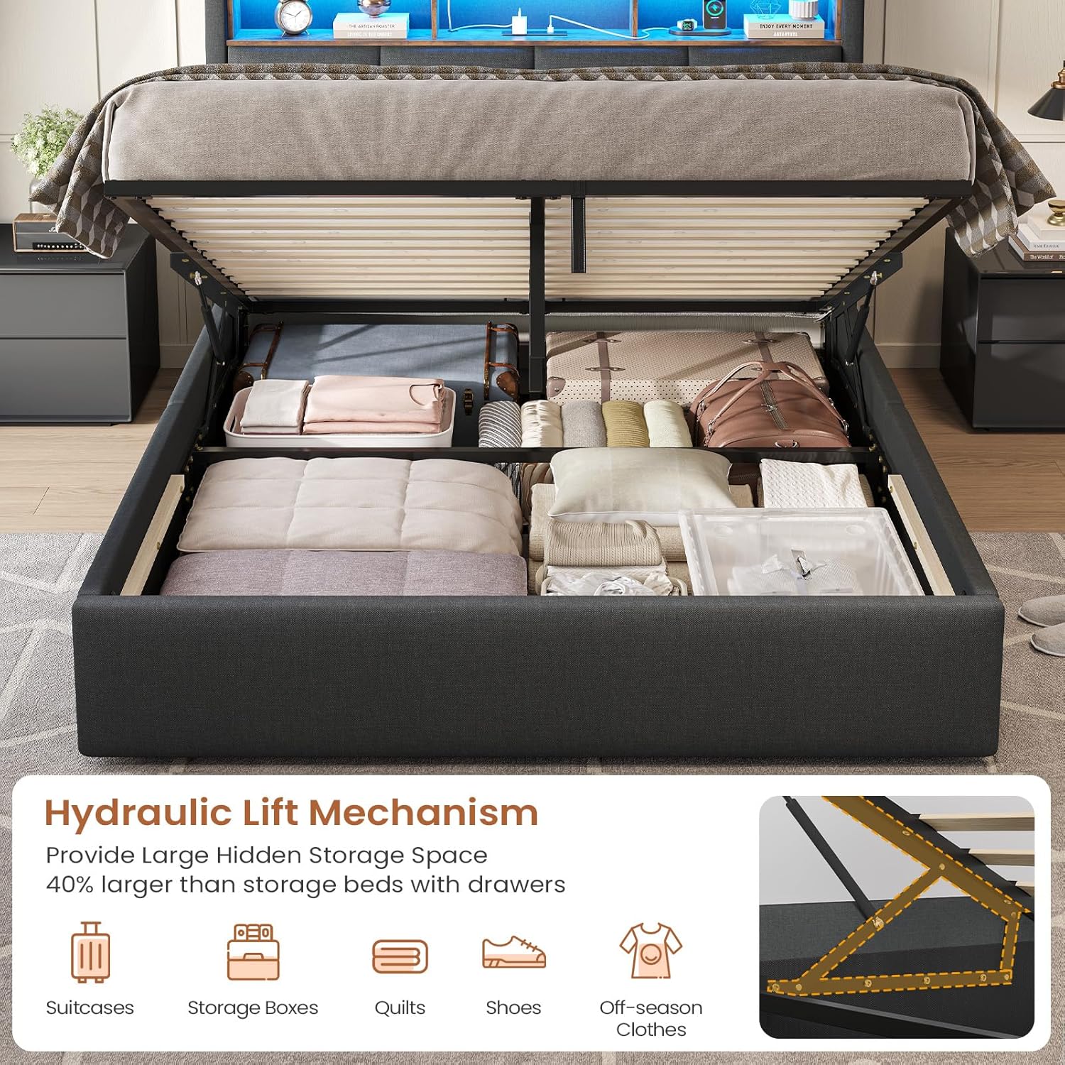 King Size Bed Frame with Hydraulic Storage,Charging Station and Led Lights King Upholstered Ottoman Bed with Headboard,5ft Lift Up Platform Storage Beds,Wood Slats,Grey-150x200cm-No Mattress