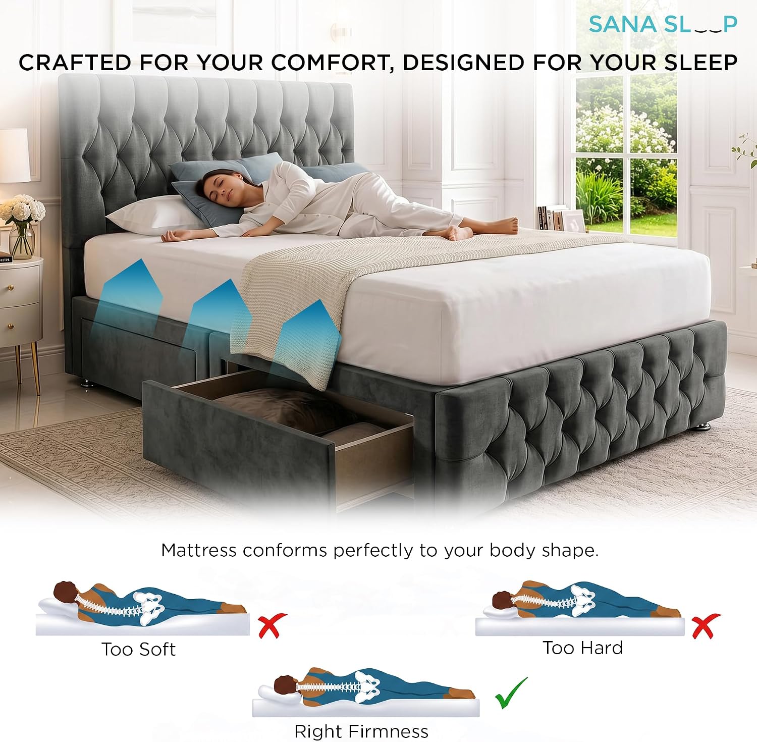 Double Bed 4FT6 with Headboard &amp; Footboard - Dmask Grey Plush Finish - Includes Pocket Sprung Multi-Zone Mattress &amp; 2 Drawers - Sturdy Divan Design for Compact Bedrooms