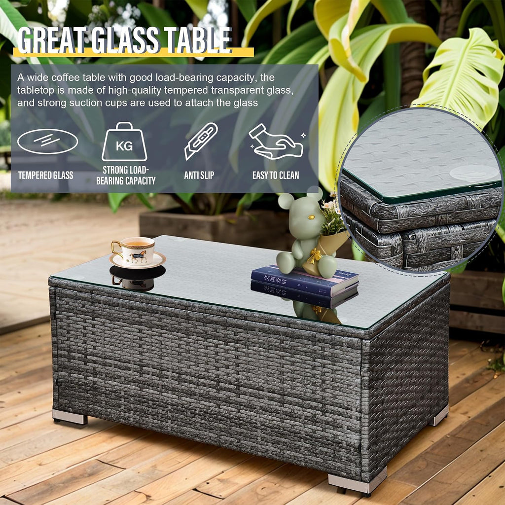 6 Seater Rattan Corner Sofa Set Rattan Garden Furniture Set All-Weather PE Rattan Wicker Patio Conversation Set with Modern Glass Coffee Table and Washable Cushions (Gray)