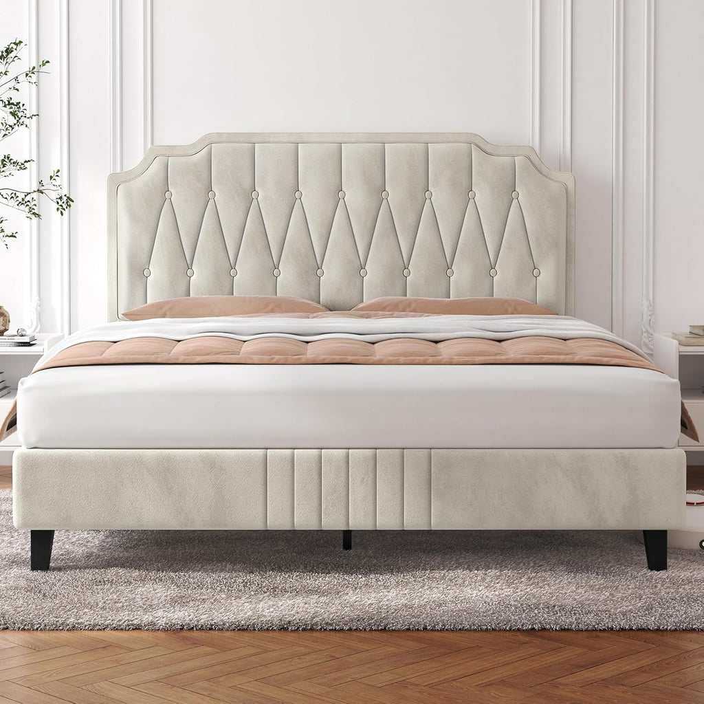 5ft King Bed Frame Upholstered Platform Bed with Adjustable Button Tufted Headboard/Velvet Fabric/Sturdy Wooden Slat Support/No Box Spring Needed