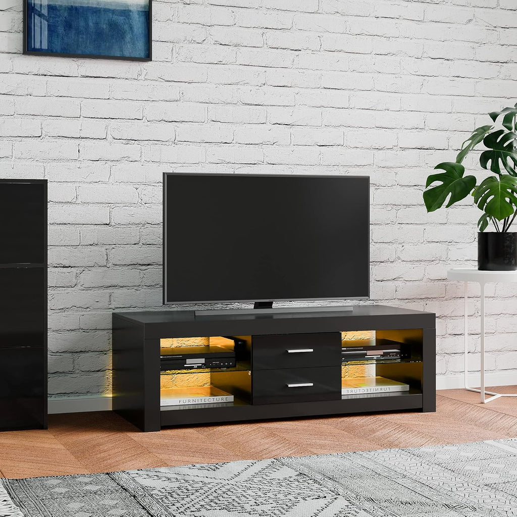 TV Stand Cabinet 2 Drawer 2 Glass Shelves LED Lighted TV Console Unit for 22"-55" Flat Screen 4k TVs (black)